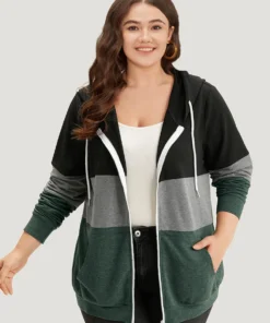 Colorblock Contrast Drawstring Zipper Hooded Sweatshirt -Clothing Shop 264824810 lu