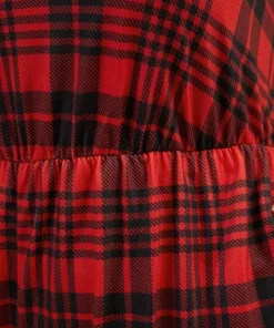 Plaid Round Neck Pocket Elastic Waist Sleep Romper -Clothing Shop 265255902 ml