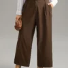 Solid Elastic Waist Plicated Detail Straight Leg Pants -Clothing Shop 265365325 rk