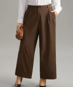 Solid Elastic Waist Plicated Detail Straight Leg Pants
