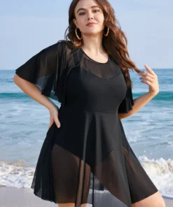 Solid Mesh Patchwork Ruffle Sleeve Swim Dress -Clothing Shop 26637835 lr