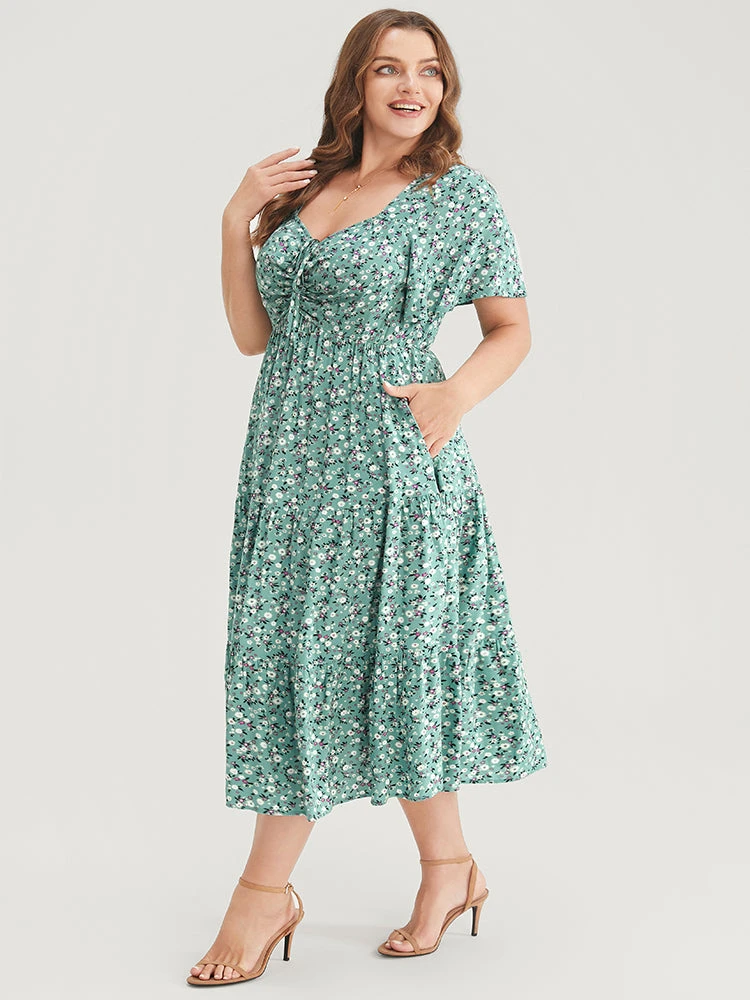 Ditsy Floral Drawstring Ruched Pocket Ruffle Tiered Dress 6 Ditsy Floral Drawstring Ruched Pocket Ruffle Tiered Dress - Image 4