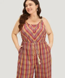 Plaid Print Tassels Knotted Pocket Cami Jumpsuit -Clothing Shop 266647593 il