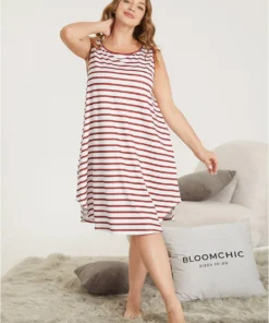 Striped Print Pocket Arc Hem Sleep Tank Dress