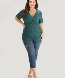 Solid Heather Overlap Collar Gathered T-shirt 32 Solid Heather Overlap Collar Gathered T-shirt -Clothing Shop 268522599 gp