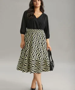 Geometric Twill Patchwork Shirred Elastic Waist Dress