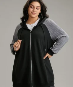 Textured Contrast Zipper Hooded Drawstring Sweatshirt -Clothing Shop 268915695 ci