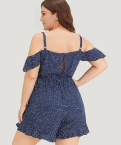 Polka Dot Ruffle Trim Tie Neck Cut Out Elastic Waist Jumpsuit -Clothing Shop 268917068 xf