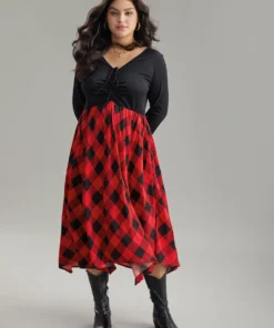 Plaid Ruched Drawstring Asymmetrical Hem Dress