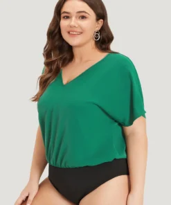 Solid V Neck Dolman Sleeve Cut Out Bodysuit -Clothing Shop 269621939 zg