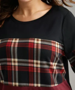 Plaid Contrast Patchwork Round Neck T-shirt -Clothing Shop 270236887 nu