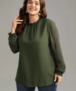 Plain Patchwork Mesh Shirred Frill Trim Blouse -Clothing Shop 270791025 za