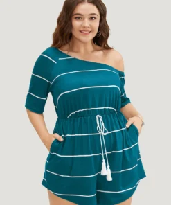 Striped Print Knot Pocket Tassels One Shoulder Romper 24 Striped Print Knot Pocket Tassels One Shoulder Romper -Clothing Shop 271791878 ij
