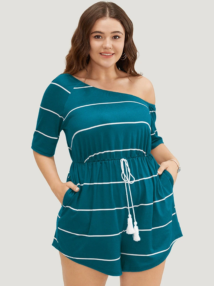 Striped Print Knot Pocket Tassels One Shoulder Romper 11 Striped Print Knot Pocket Tassels One Shoulder Romper - Image 9