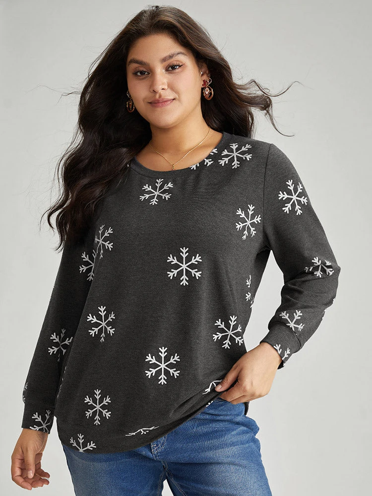 Snowflake Print Round Neck Sweatshirt 3 Snowflake Print Round Neck Sweatshirt