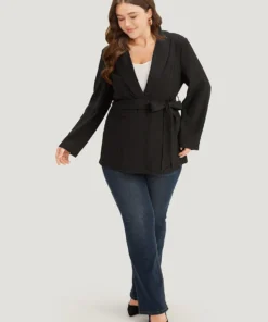 Plain Ties Pocket Belted Lapel Collar Blazer -Clothing Shop 272154797 te