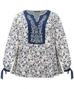 Boho Print Notched Knot Lantern Sleeve Blouse 22 Boho Print Notched Knot Lantern Sleeve Blouse -Clothing Shop 272386790 ly