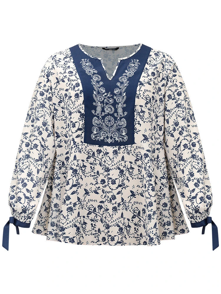 Boho Print Notched Knot Lantern Sleeve Blouse 10 Boho Print Notched Knot Lantern Sleeve Blouse - Image 8