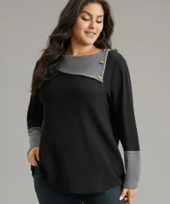 Waffle Knit Lapel Collar Patchwork T-shirt -Clothing Shop 272778522 bh 27f52480 36f3 4c16 951e 287ce5bd2632