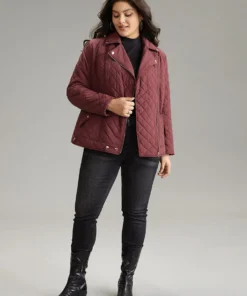 Zipper Fly Quilted Button Detail Lapel Collar Jacket -Clothing Shop 272814802 yn