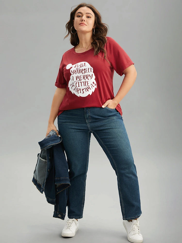Christmas Print Round Neck Roll Sleeve T-shirt 5 Christmas Print Round Neck Roll Sleeve T-shirt - Image 3
