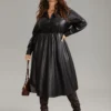 PU Leather Elastic Waist Button Up Dress -Clothing Shop 273058091 bh