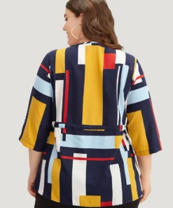 Geometric Contrast Drawstring Button Up Blouse -Clothing Shop 2735104 lx