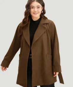Plain Lapel Collar Pocket Belted Coat -Clothing Shop 273551136 lz