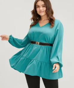 Solid V Neck Lantern Sleeve Ruffle Hem Blouse Without Belt -Clothing Shop 273605925 dd