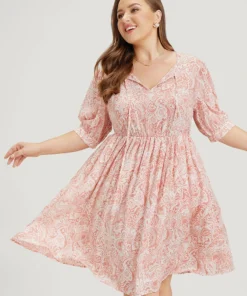 Floral Puff Sleeve Pocket Flutter Keyhole Knot Neck Dress -Clothing Shop 273759681 qb