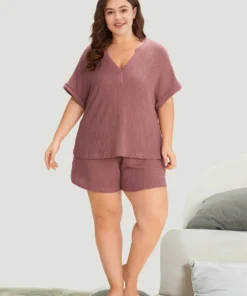 Waffle Knit Notched Roll Batwing Sleeve Sleep Top 14 Waffle Knit Notched Roll Batwing Sleeve Sleep Top -Clothing Shop 275088148 yl