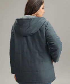 Hooded Drawstring Quilted Pocket Zipper Fly Coat -Clothing Shop 275190770 fo