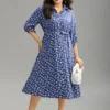 Ditsy Floral Belted Button Through Tab Sleeve Dress