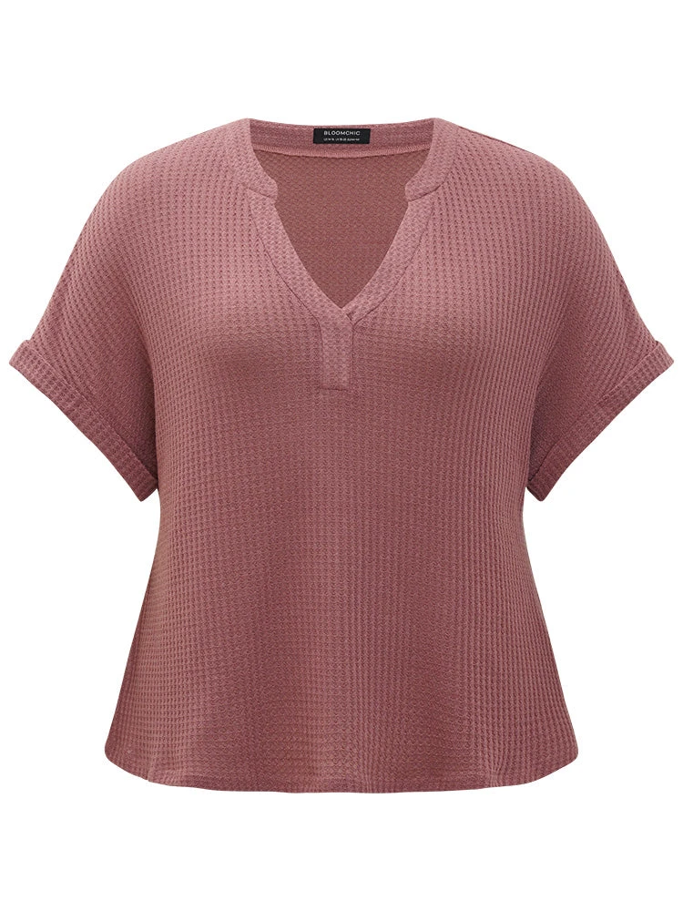 Waffle Knit Notched Roll Batwing Sleeve Sleep Top 11 Waffle Knit Notched Roll Batwing Sleeve Sleep Top - Image 9
