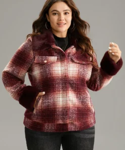 Plaid Patchwork Button Through Fuzzy Trim Woolen Jacket -Clothing Shop 275808827 py