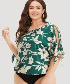 Silhouette Floral Print Knotted Cut Out Round Neck Bodysuit -Clothing Shop 276196133 io