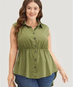 Solid Button Detail Ruffle High Low Hem Tank Top