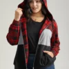 Plaid Contrast Patchwork Drawstring Zipper Jacket -Clothing Shop 277428158 iz