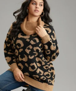 Leopard Contrast Jacquard Turtleneck Pullover -Clothing Shop 277650038 jj