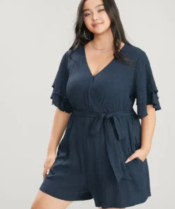 Plain Surplice Neck Ruffle Sleeve Pocket Belted Romper -Clothing Shop 277694914 gs