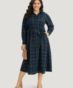 Plaid Shirt Collar Button Fly Belted Dress -Clothing Shop 27775911 ws