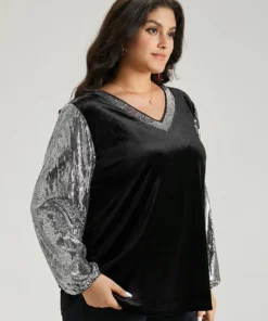 Sequin Patchwork V Neck Lantern Sleeve Sweatshirt -Clothing Shop 278754327 jp