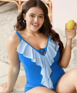 Plain Contrast Ruffle Trim Buckle Detail One Piece Swimsuit -Clothing Shop 278761737 mx