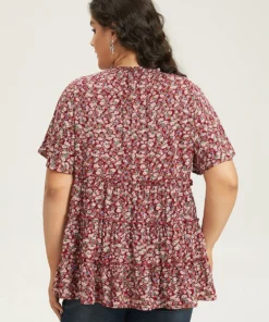 Ditsy Floral Frill Trim Shirred Mock Neck Blouse -Clothing Shop 27937141 es