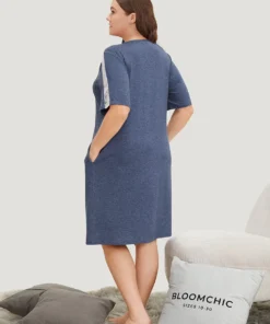 Solid Crochet Lace Pocket Button Detail Sleep Dress -Clothing Shop 279680123 oi