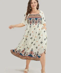 Bandana Print Square Neck Pocket Shirred Frill Trim Split Dress -Clothing Shop 279694509 pm