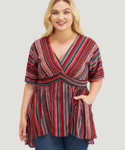 Striped Contrast Shirred Wrap High Low Hem Pocket Blouse -Clothing Shop 279750536 ul a733293b 776e 4b94 9a1e 228493abe516