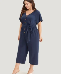 Solid Button Up V Neck Belted Gathered Flutter Sleeve Jumpsuit 11 Solid Button Up V Neck Belted Gathered Flutter Sleeve Jumpsuit -Clothing Shop 280500543 ur