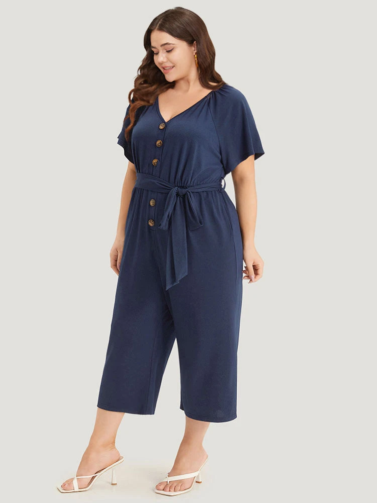 Solid Button Up V Neck Belted Gathered Flutter Sleeve Jumpsuit 4 Solid Button Up V Neck Belted Gathered Flutter Sleeve Jumpsuit - Image 2