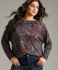Paisley Print Round Neck Slightly Stretchy T-shirt -Clothing Shop 280619178 vk